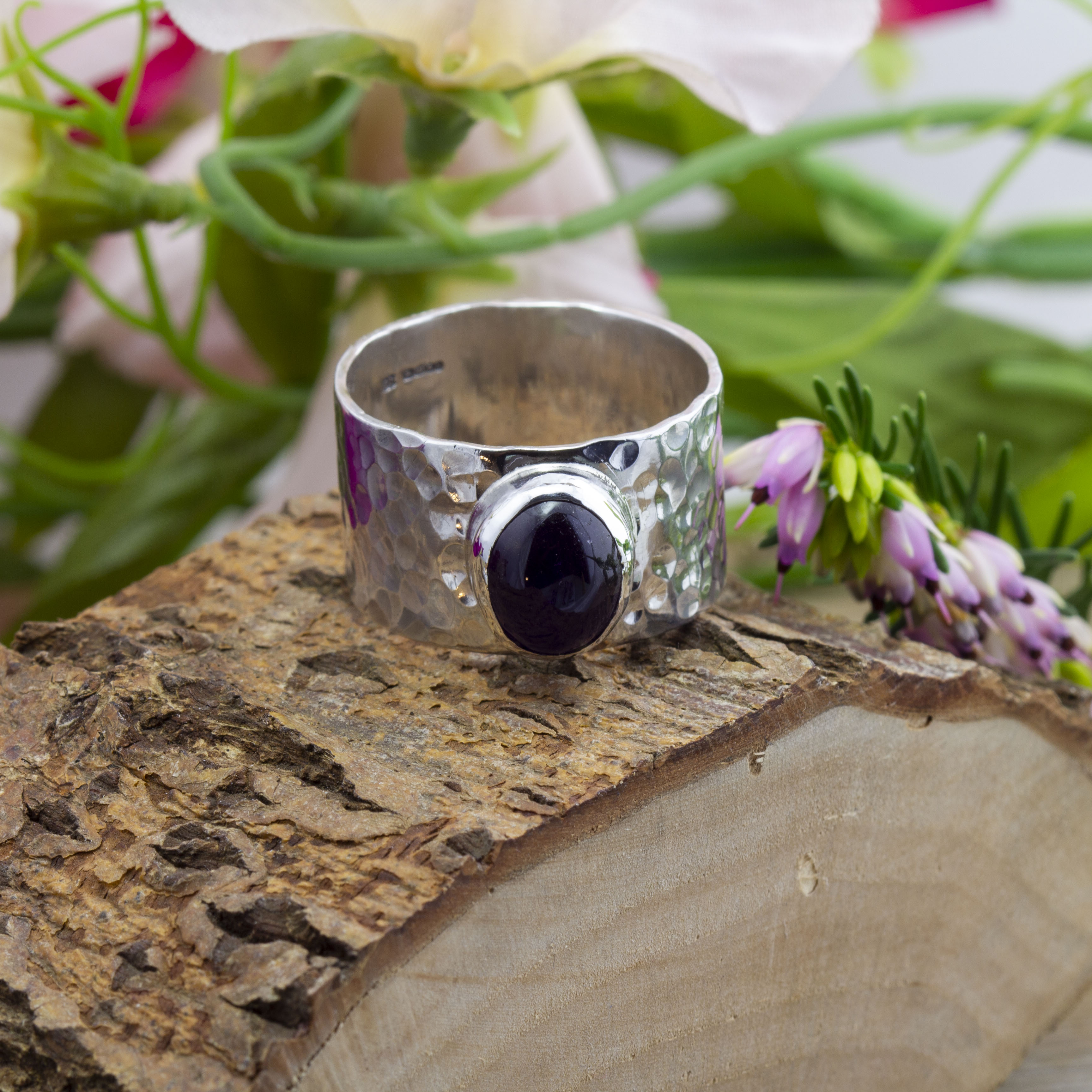 Men's Hammered Wide Band Ring With Amethyst Cabochon