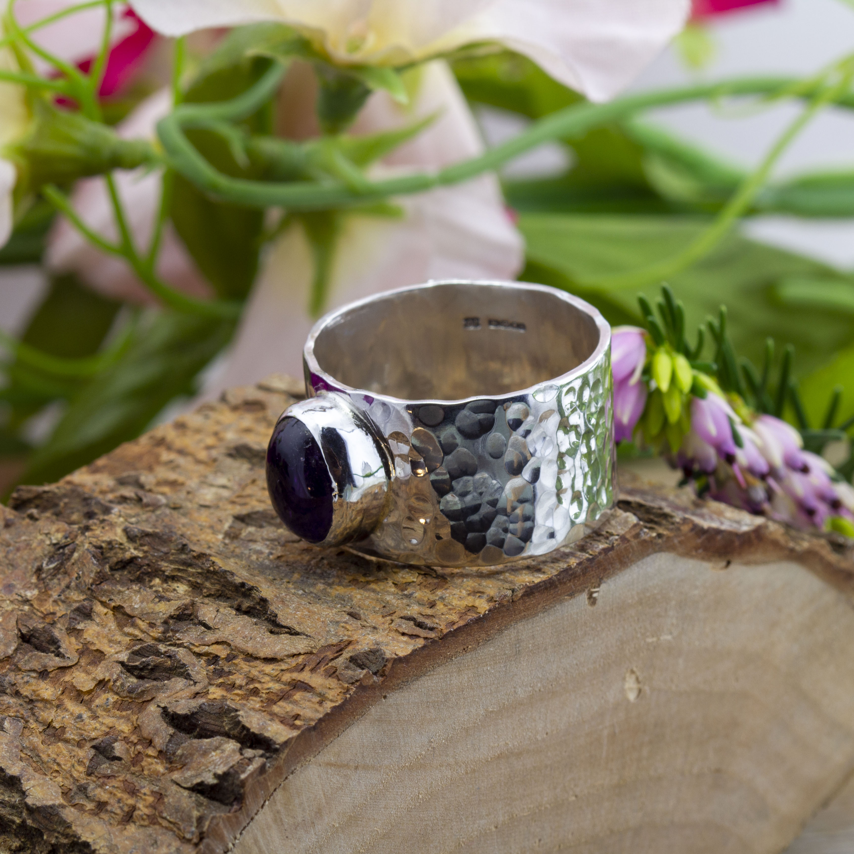 Men's Hammered Wide Band Ring With Amethyst Cabochon