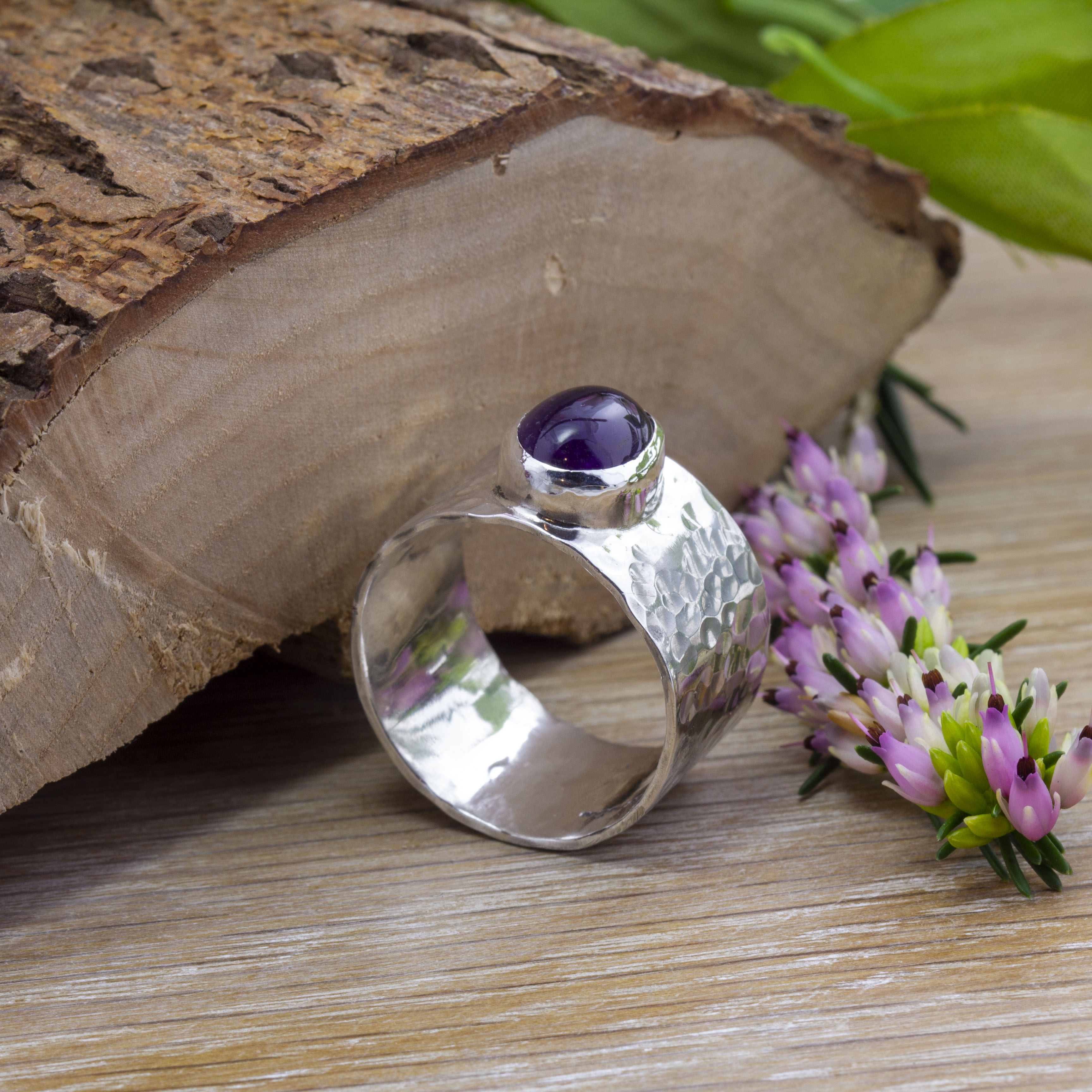 Men's Hammered Wide Band Ring With Amethyst Cabochon