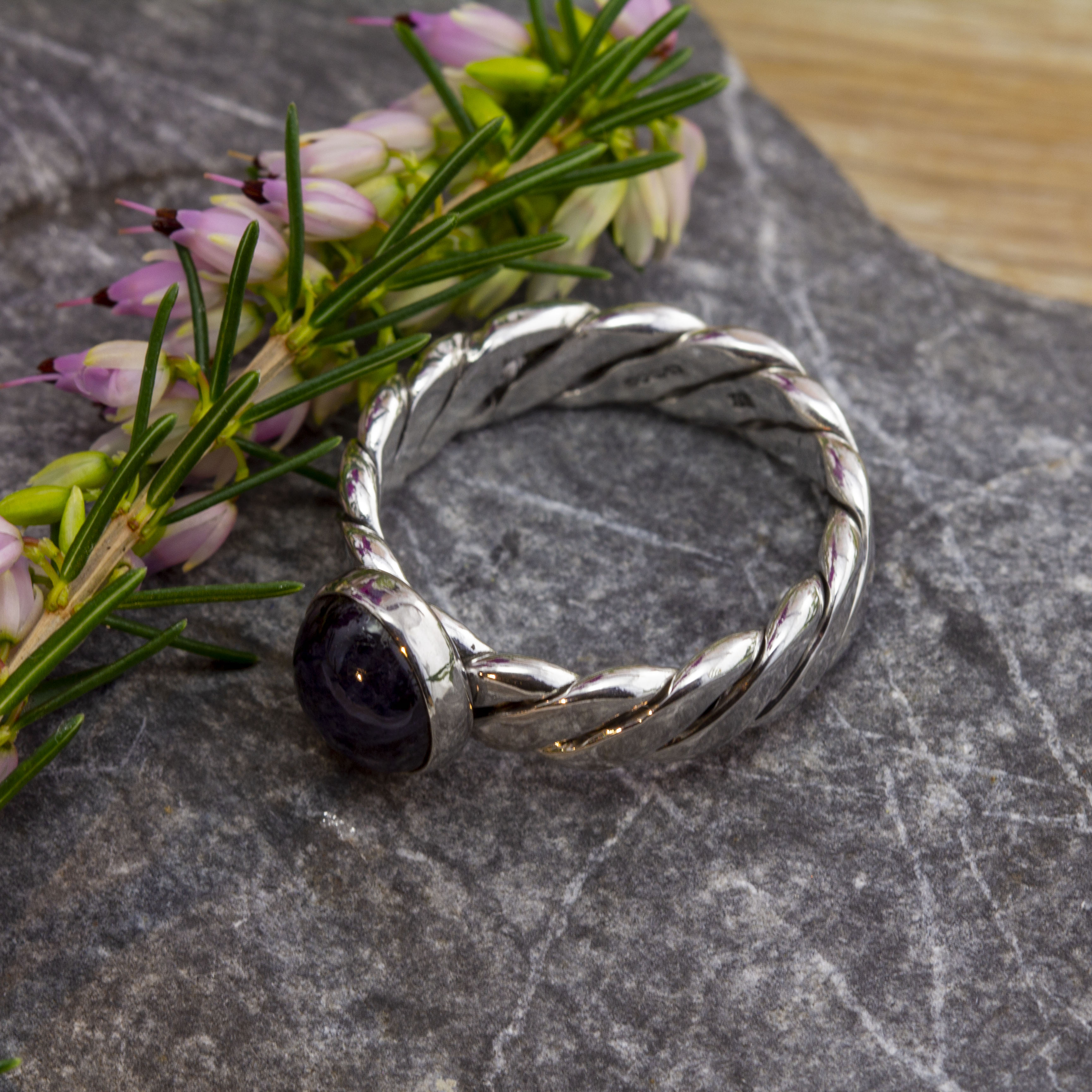 Sterling Silver Flat Braided Polished Band Ring With Iolite Cabochon