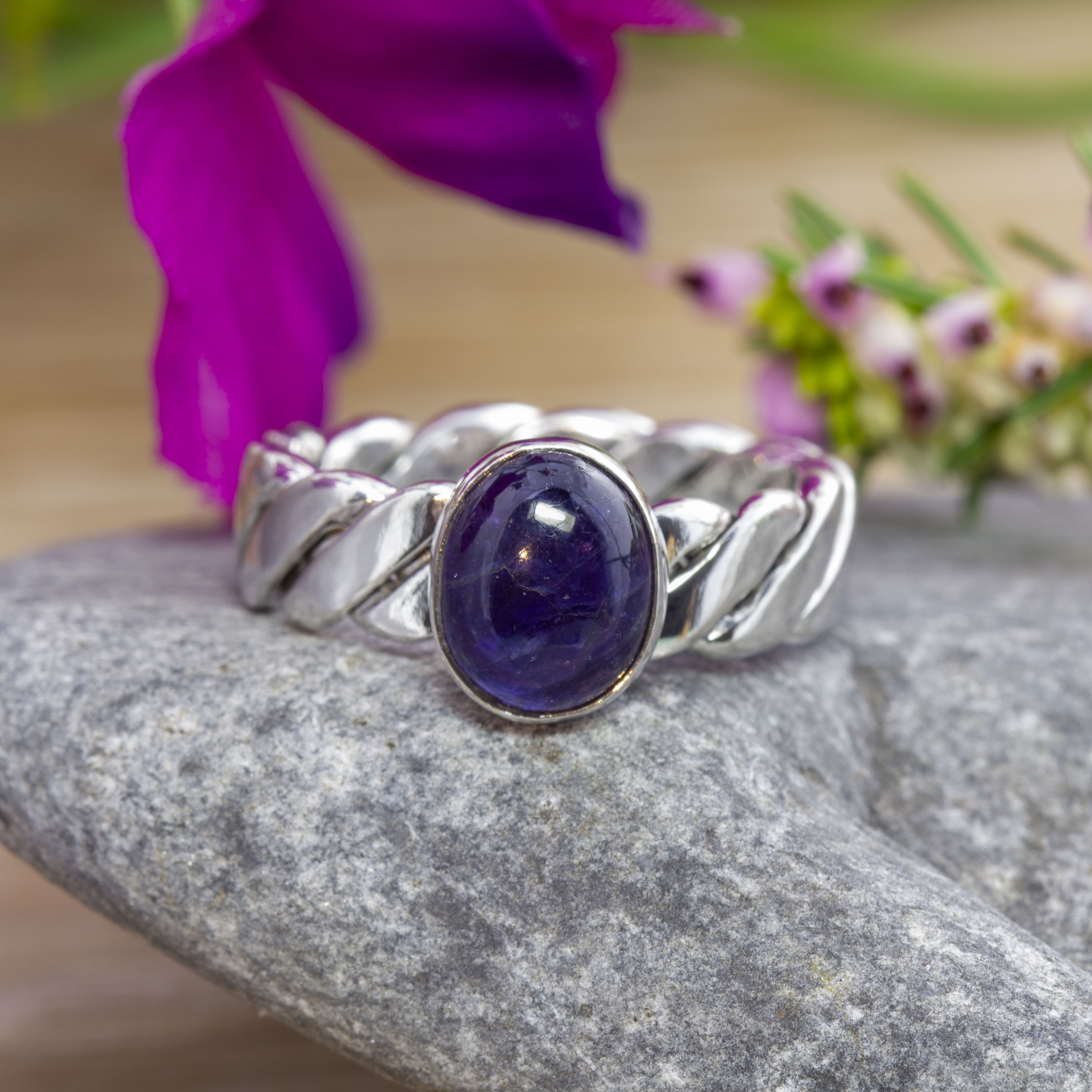 Sterling Silver Flat Braided Polished Band Ring With Iolite Cabochon