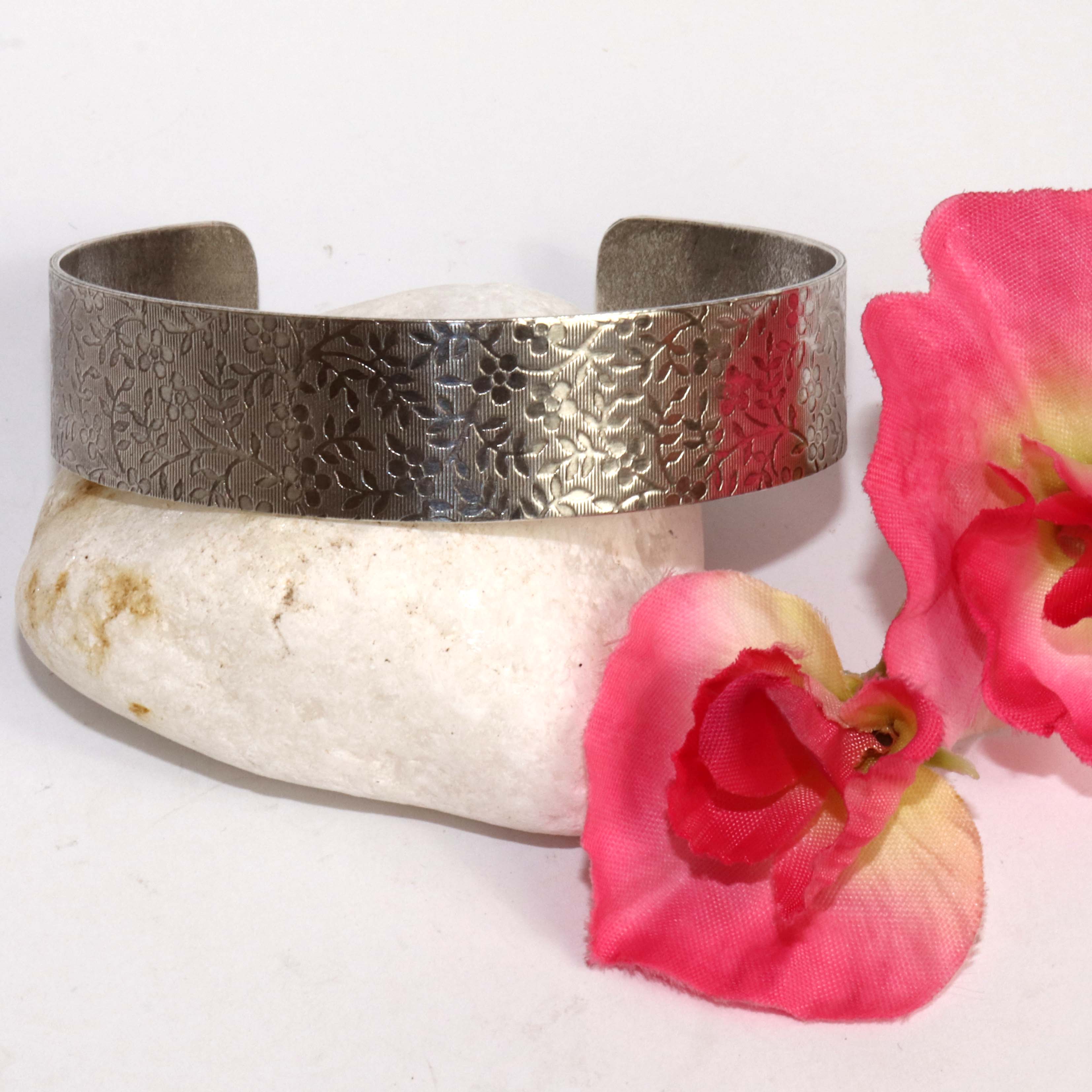 Embossed Floral Design Cuff Bracelet With Patina Finish