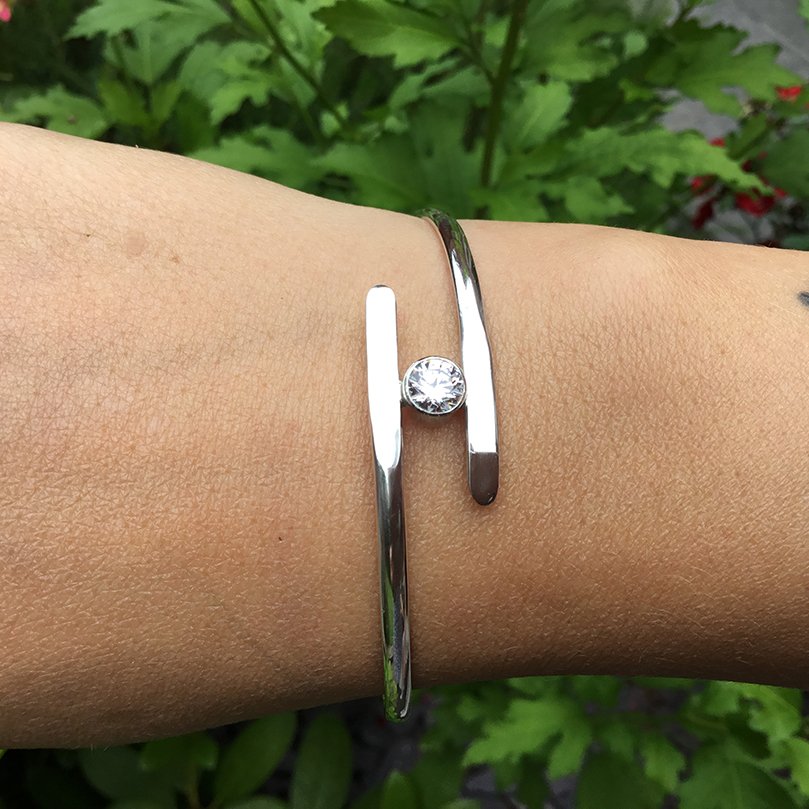 Sterling Silver Crossover Bangle Set With Simulated Diamond
