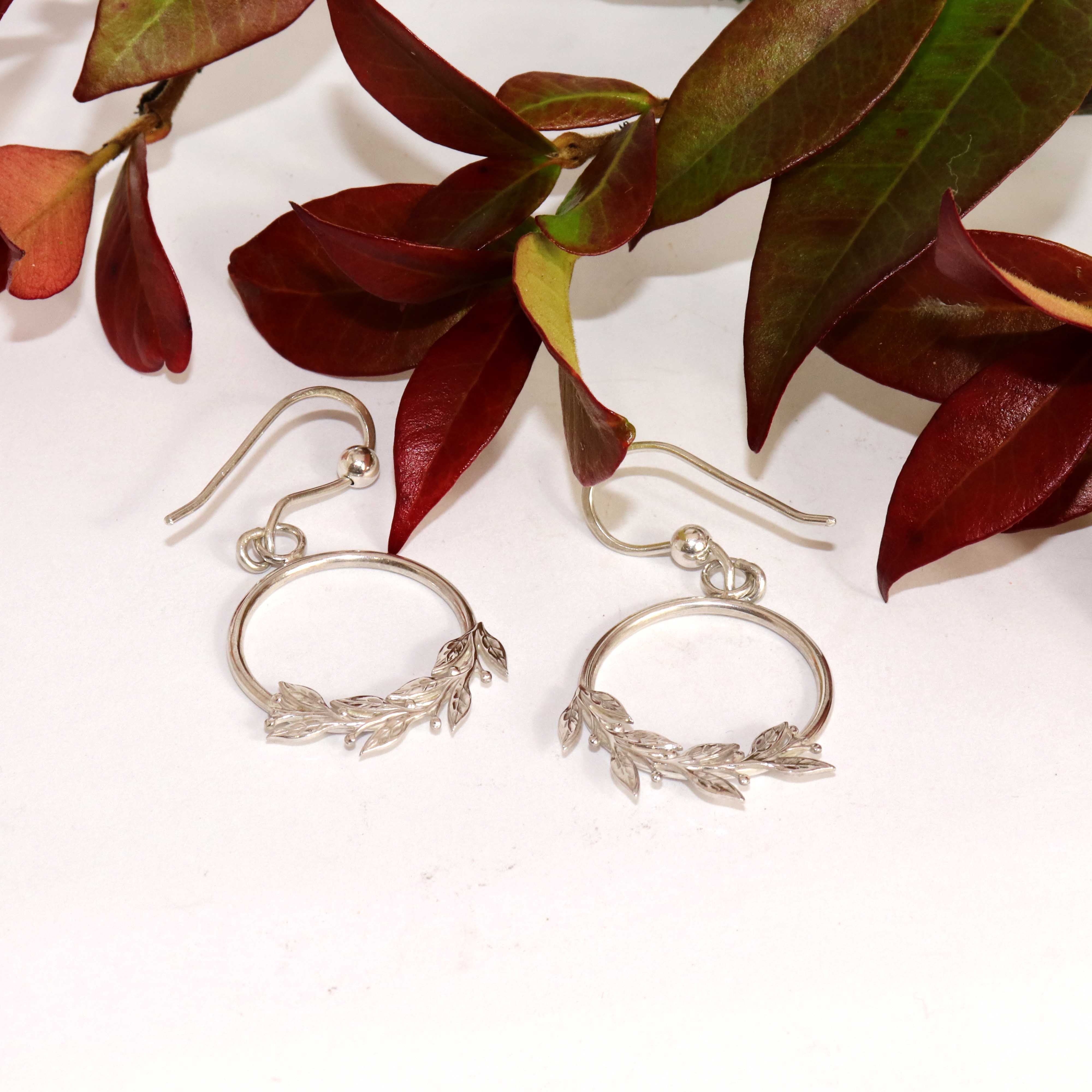 Front Hoop Earrings With Leaf & Berry Design