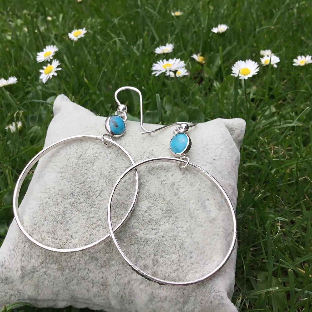 Large Hoop Earrings In Sterling Silver & Turquoise