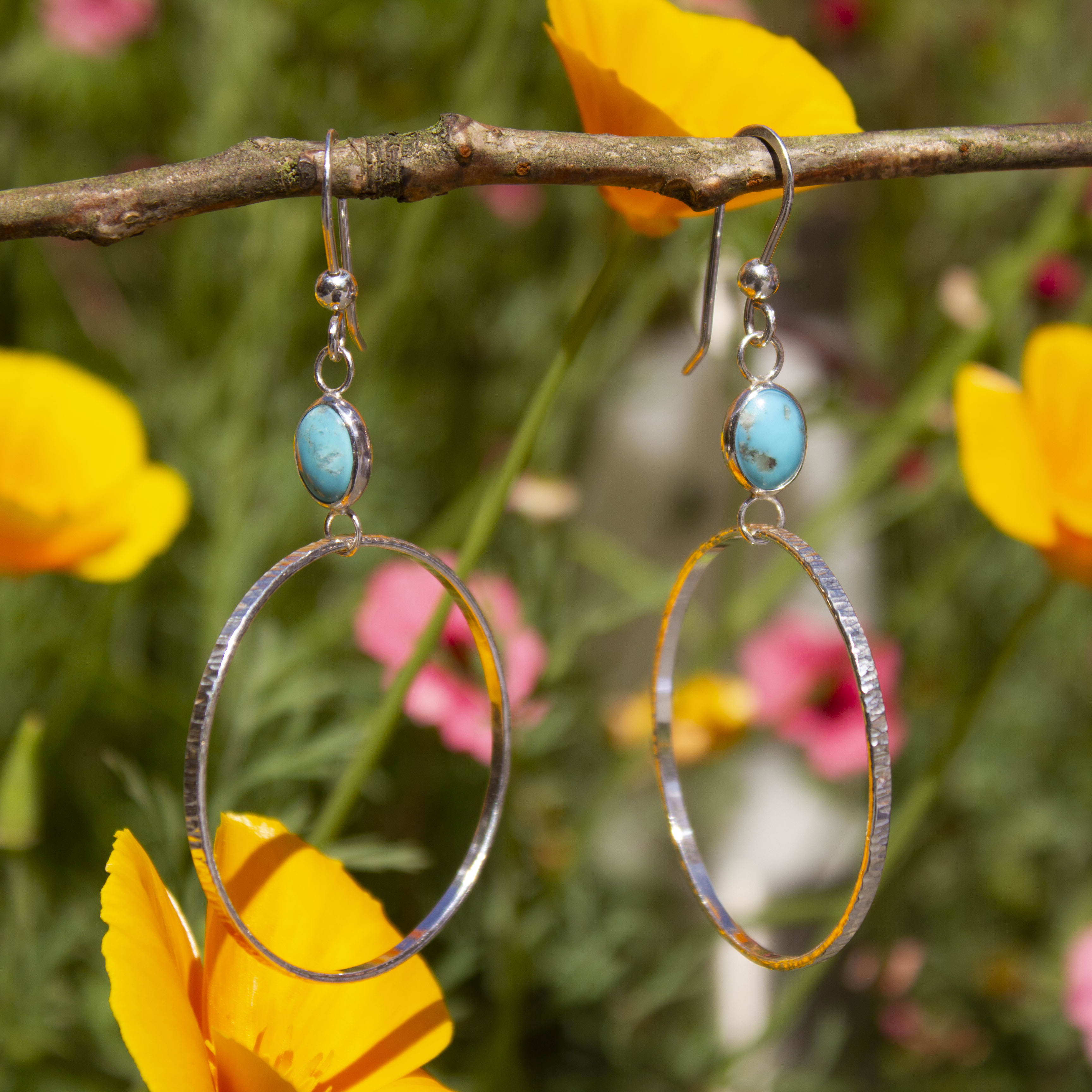 Large Hoop Earrings In Sterling Silver & Turquoise