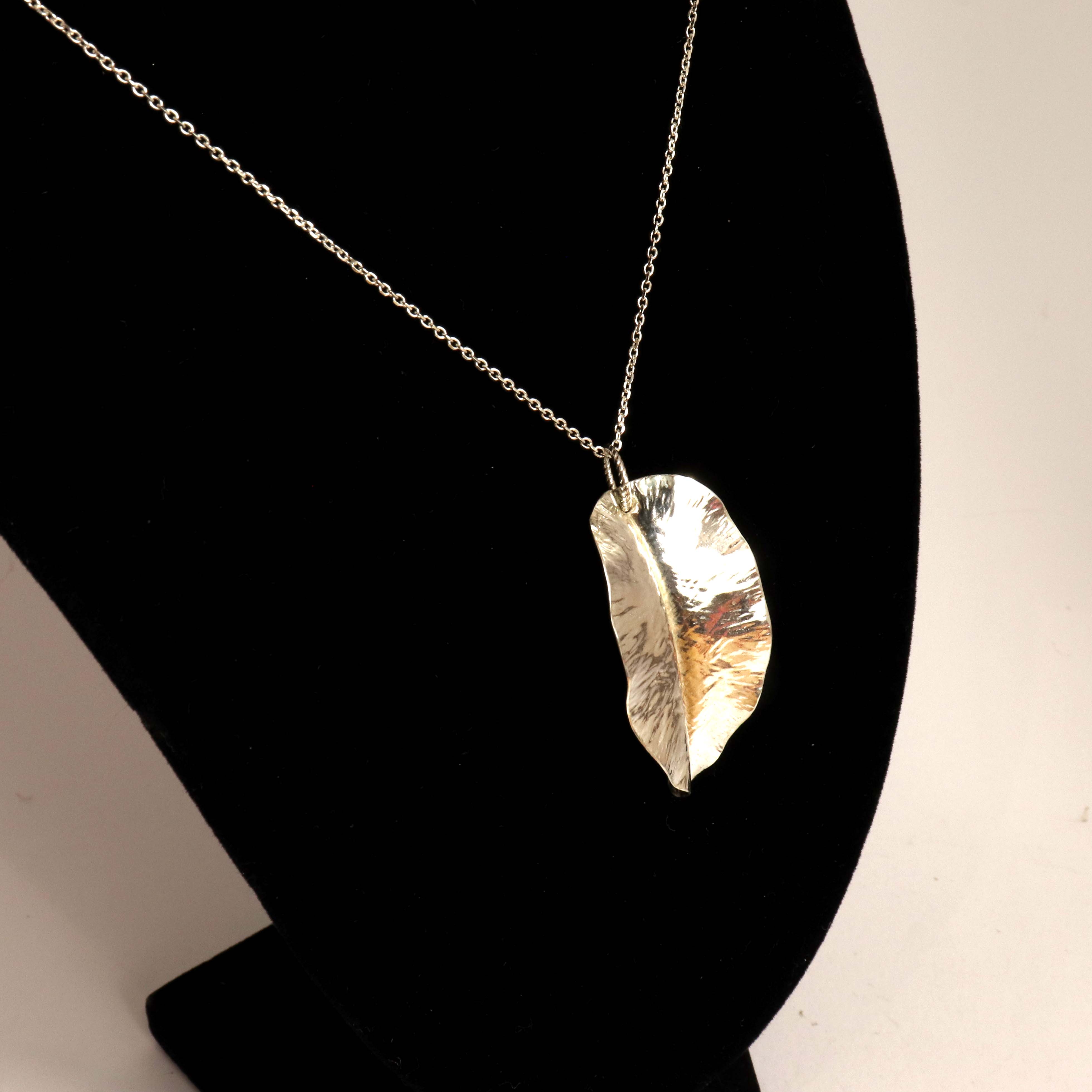 Polished Fine Silver Leaf Textured Pendant Necklace