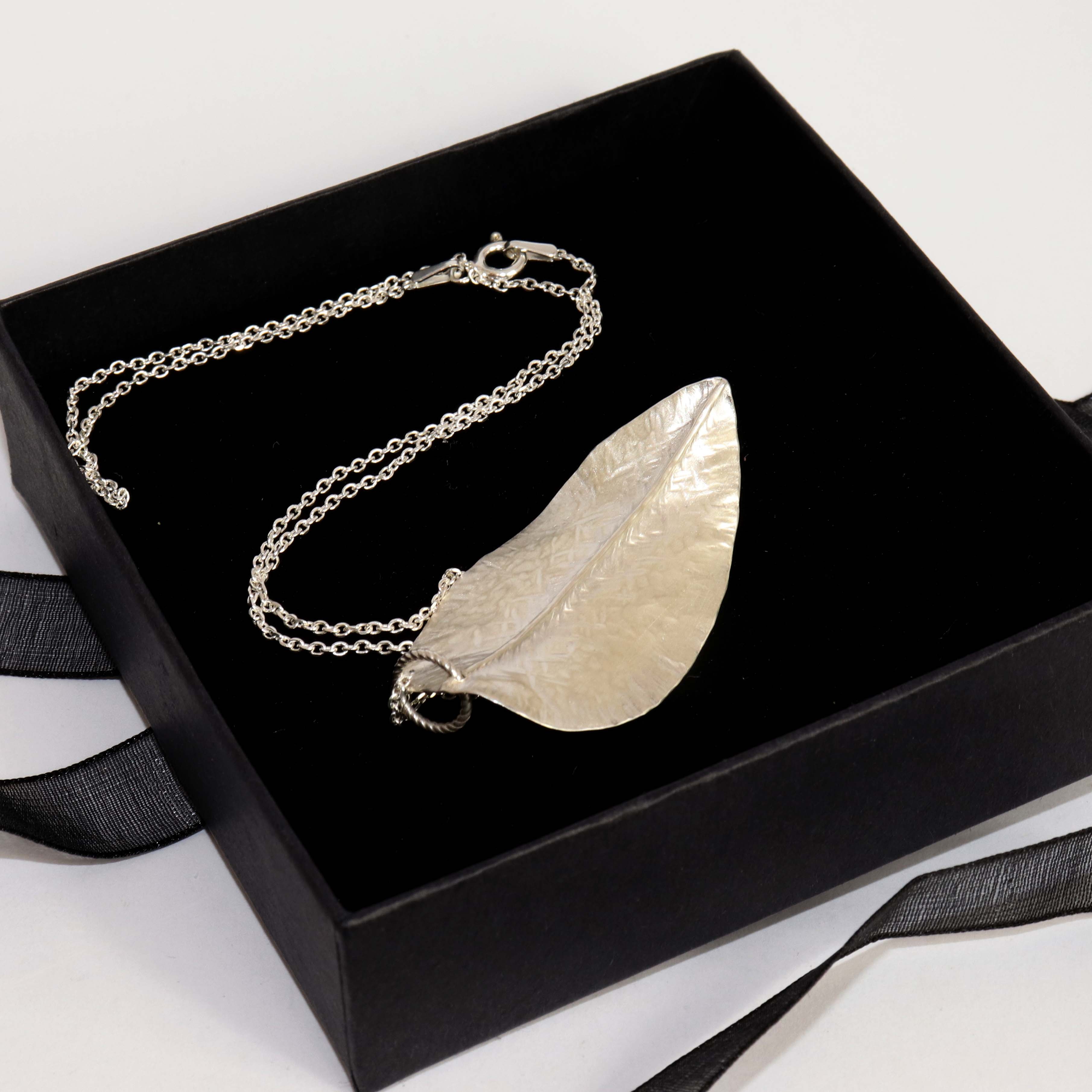 Satin Finish Fine Silver Textured Leaf Pendant Necklace