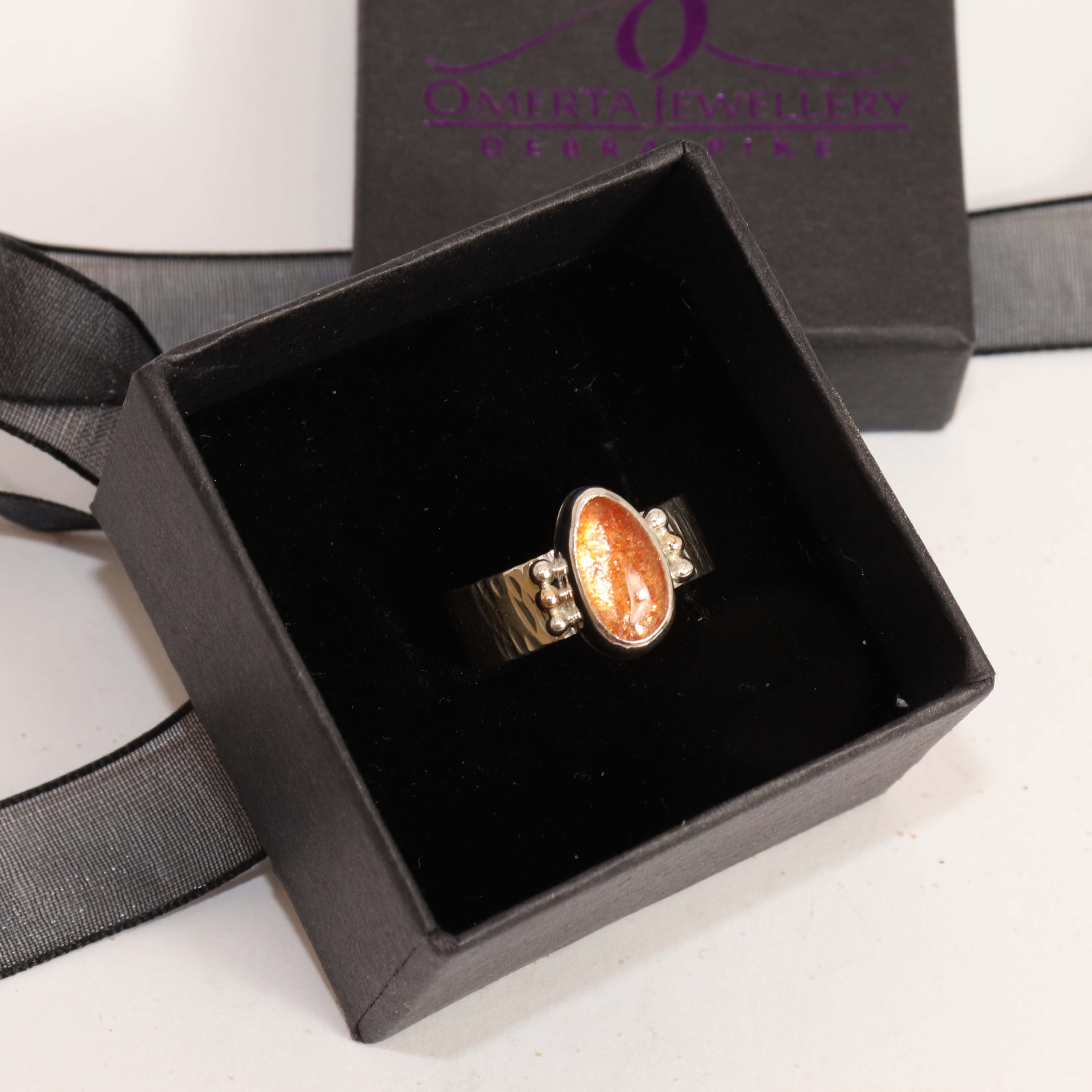 Pear Freeform Masai Confetti Sunstone Ring With Gold Accents