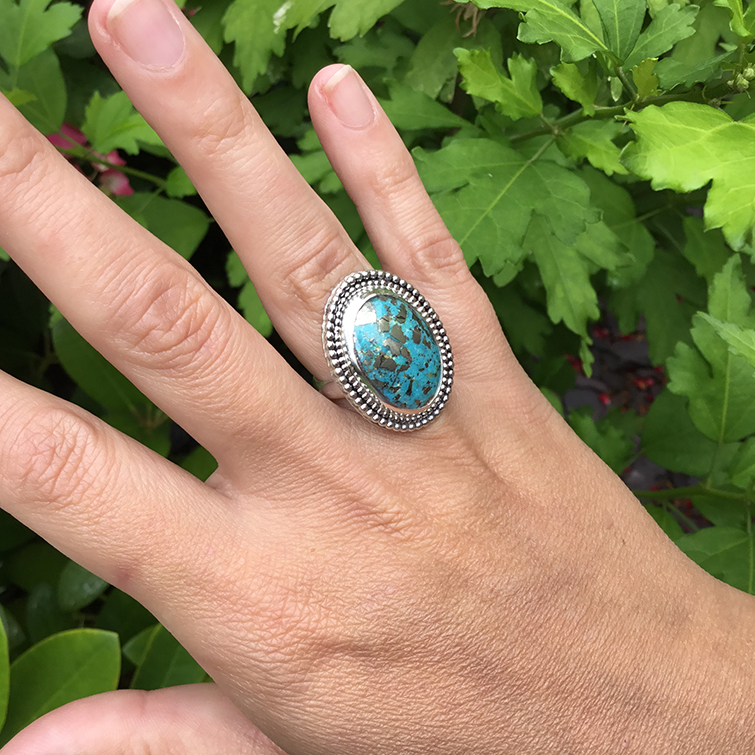 Persian Turquoise With Golden Pyrite Matrix Statement Ring