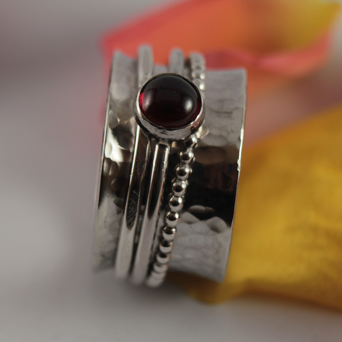 Garnet Cabochon Triple Band Spinner Ring 