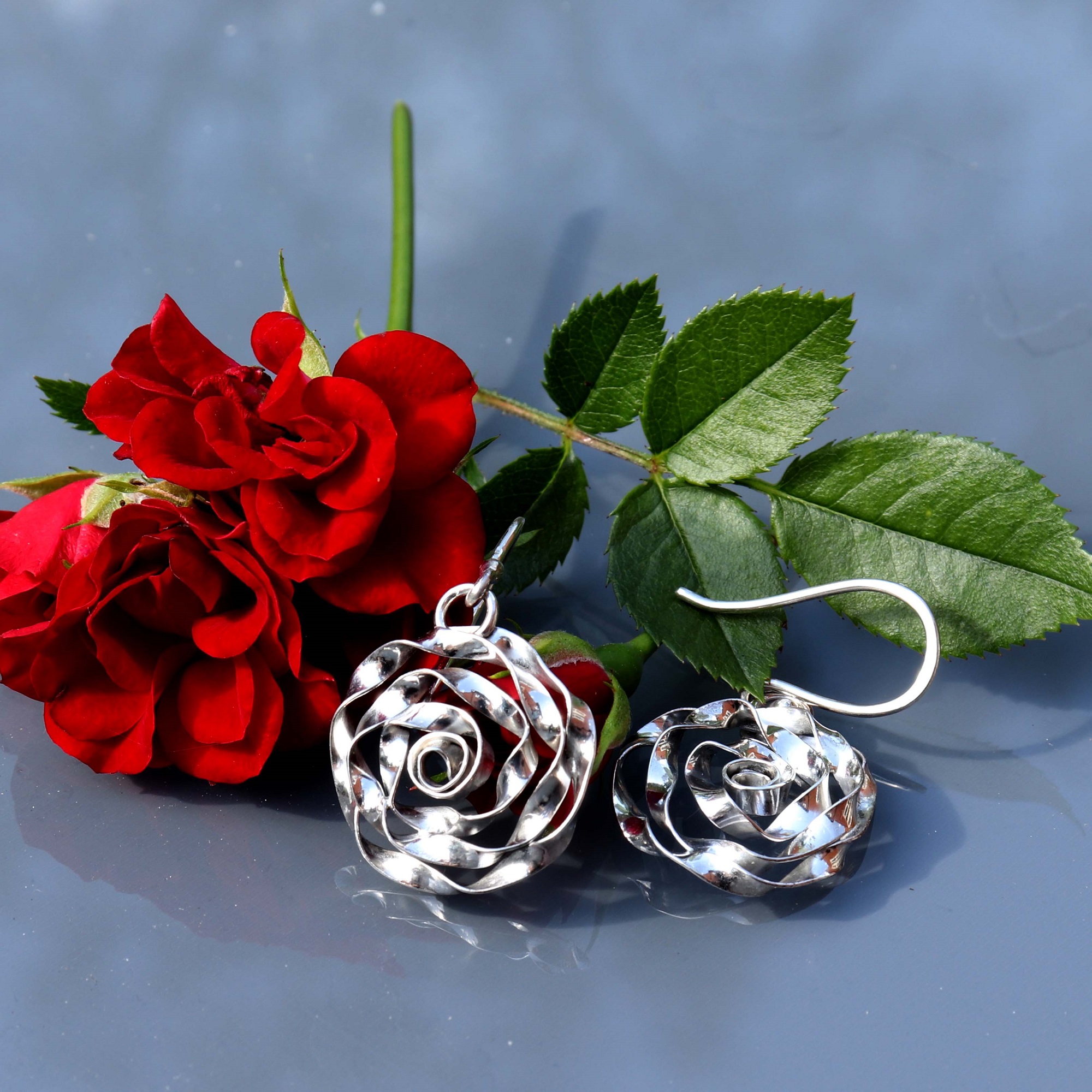 Sterling Silver Rose Design Drop Earrings